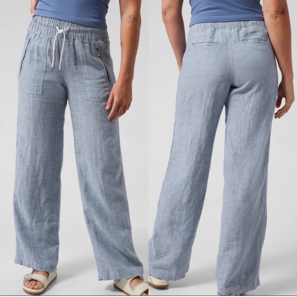 Athleta Cabo Linen Wide Leg Pant Chambray Blue size 8